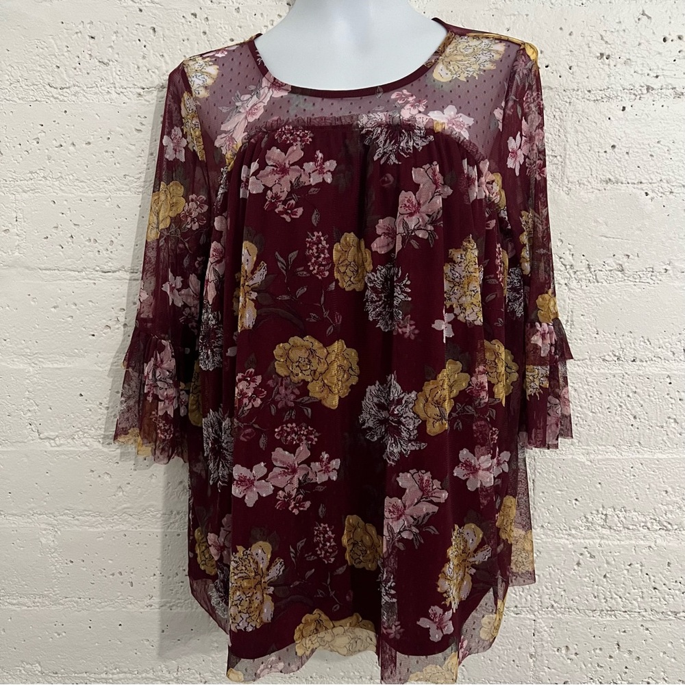 No Boundaries Womens Juniors Top XXL 19 Maroon Floral Mesh 3/4 Sleeve Boho AT2